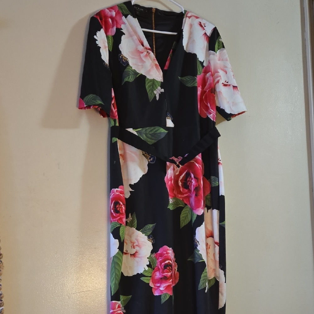 Ted Baker London Black Midi Dress with Pink Floral Pattern